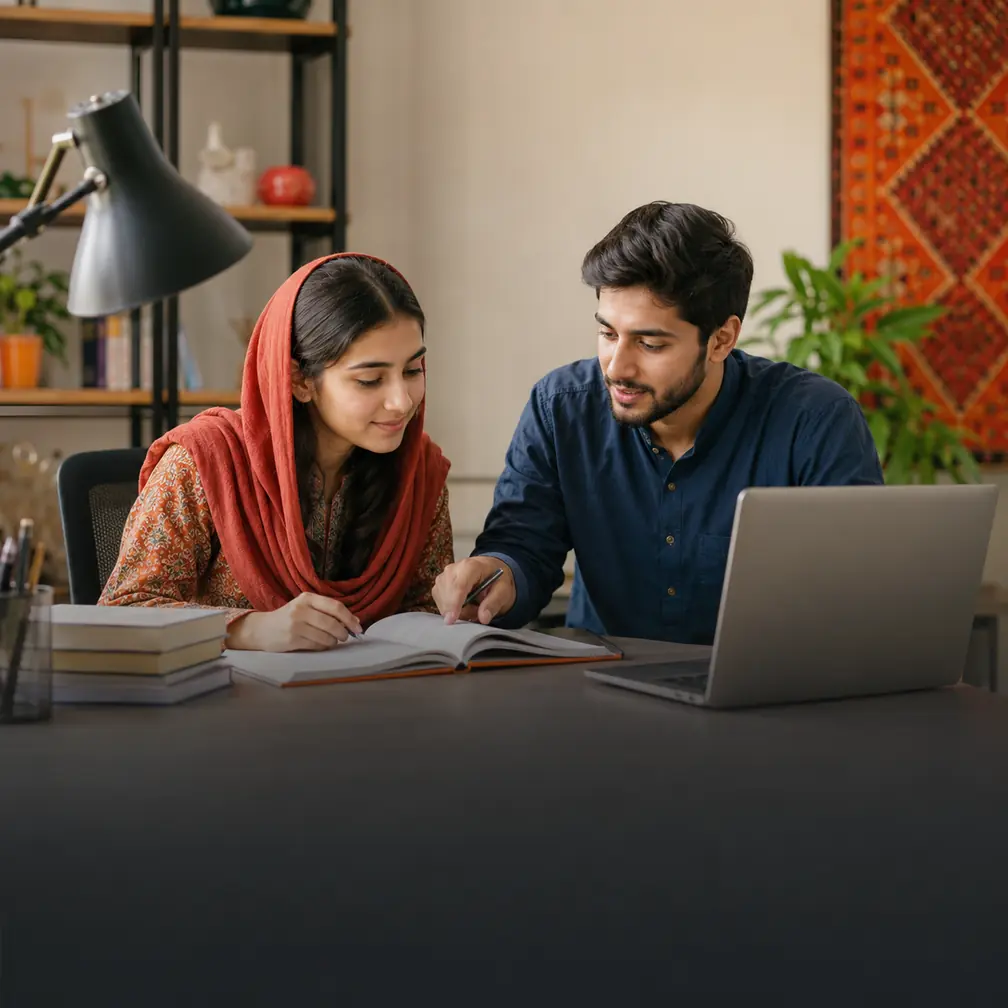 Pakistani student and parent exploring learning opportunities through BGB-360 Academy