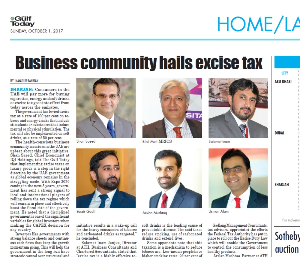 2017 Gulf Today business tax coverage featuring Salamat Inam