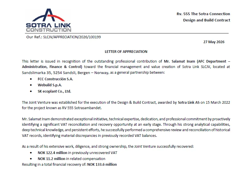 Sotra Link appreciation letter recognizing Salamat Inam for VAT reconciliation and recovery contribution