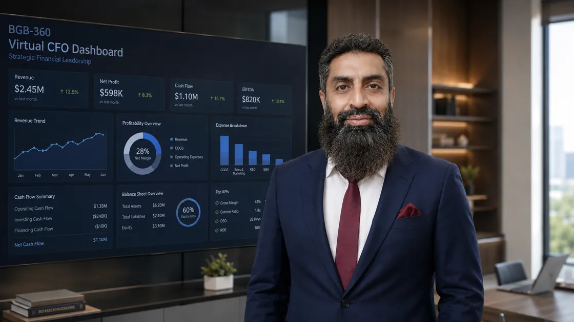 Yasser Sajjad presenting financial strategy as Virtual CFO Services Lead